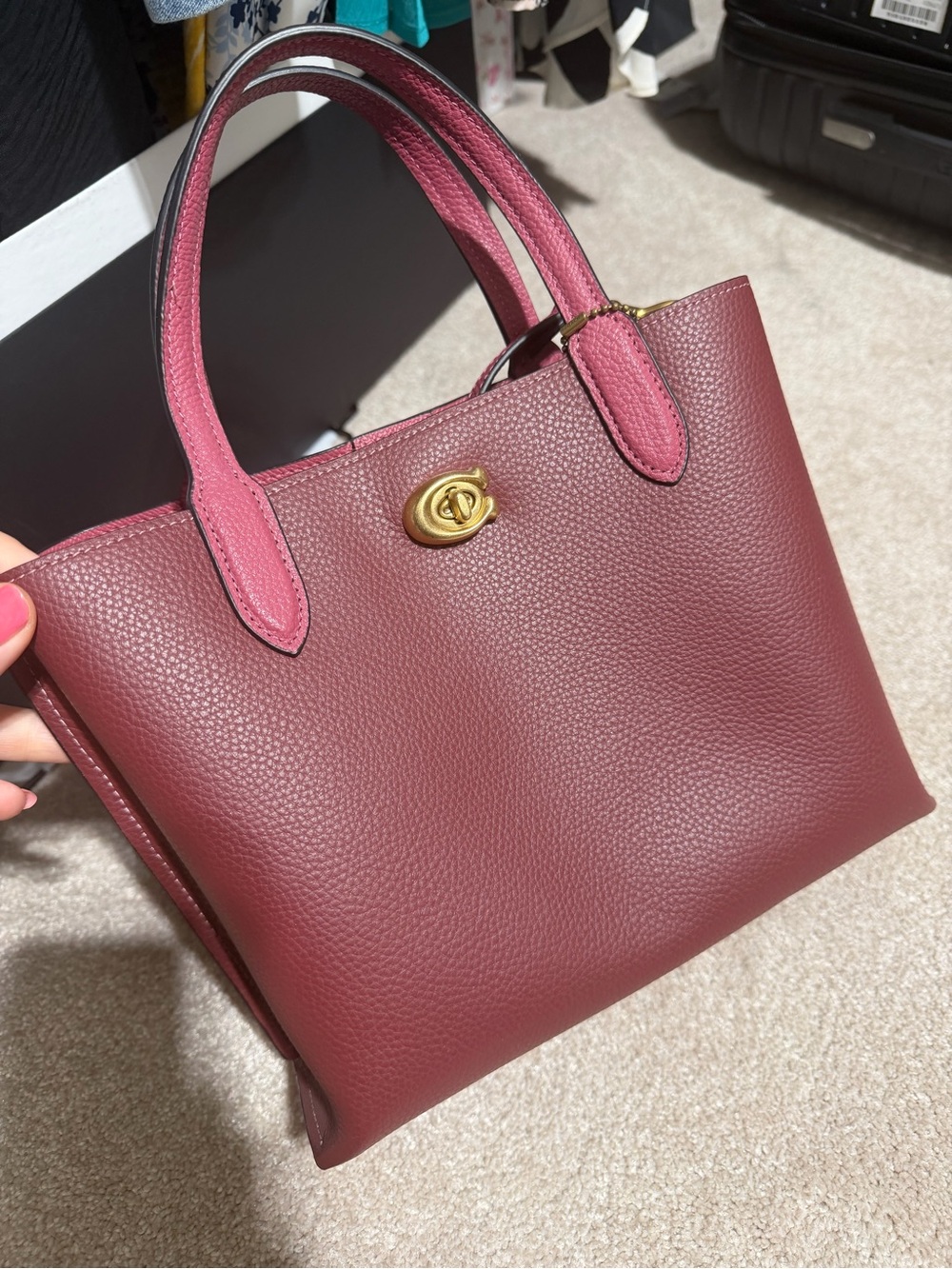 Coach Pebbled Leather Mini Tote in Wine with Pink Handles